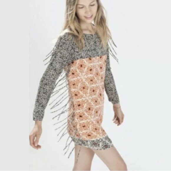 Zara | Black & Orange Shirt Fringe Print Color Block Mini Dress Medium - Picture 4 of 9